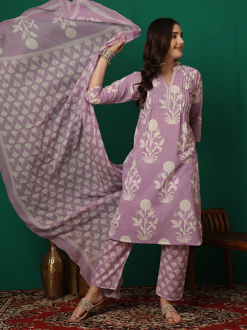 Women Purple Cotton Printed Straight Kurta with Trouser & Dupatta
