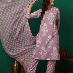 Women Purple Cotton Printed Straight Kurta with Trouser & Dupatta