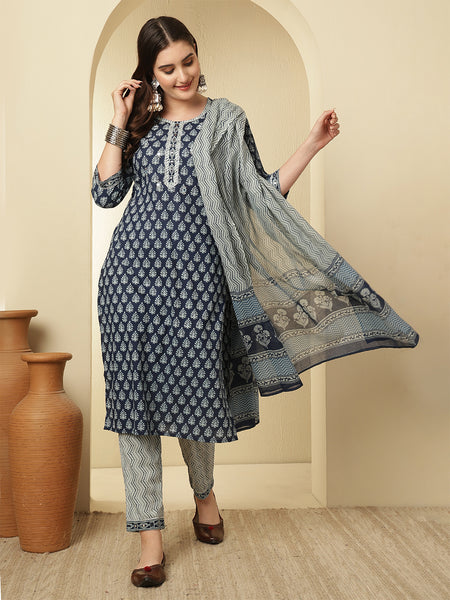 Women Cotton Printed Blue Straight Kurta with Trouser & Dupatta