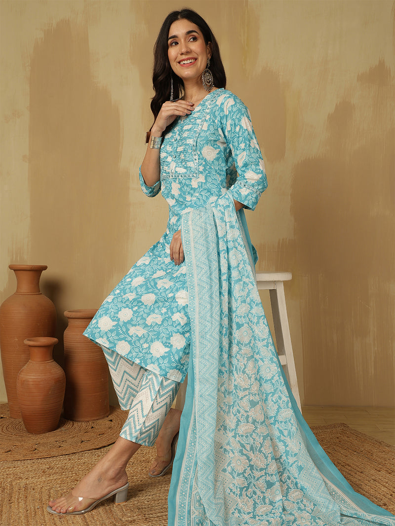 Women Sky blue Cotton Floral Printed Kurta With Trouser & Dupatta