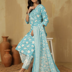 Women Sky blue Cotton Floral Printed Kurta With Trouser & Dupatta