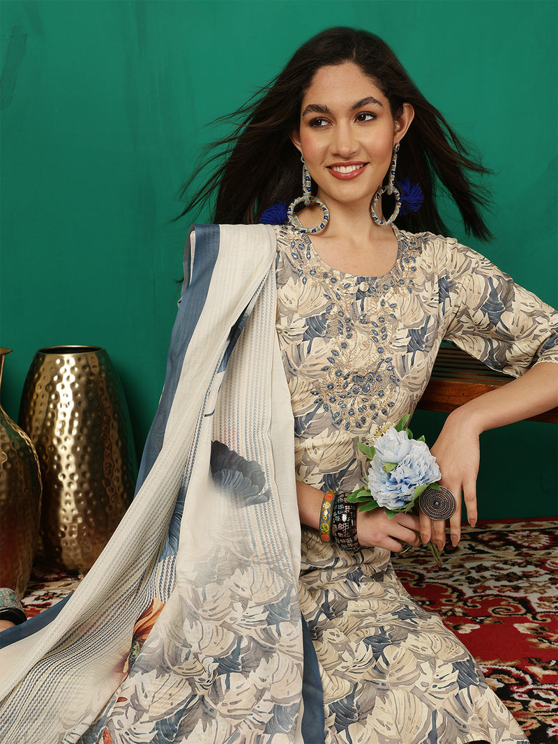 Women Ice Blue Yoke Embroidery Kurta with Trouser & Dupatta