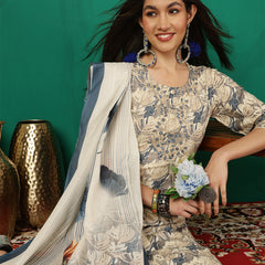 Women Ice Blue Yoke Embroidery Kurta with Trouser & Dupatta