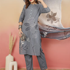ANAISA Women Cotton Placement Print Straight Kurta with Trouser & Dupatta
