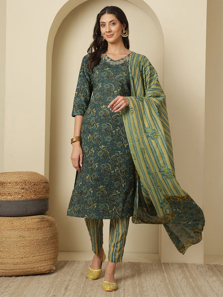Cotton Green Printed V-neck Kurta with Trouser & Dupatta