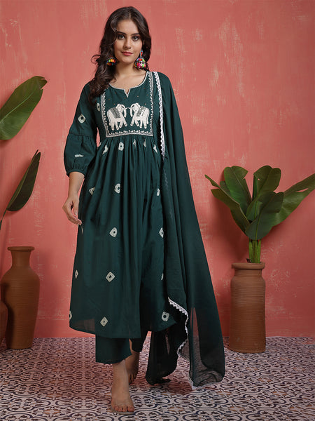 Women Cotton Teal Blue Anarkali Embroidery Kurta with Trouser & Dupatta