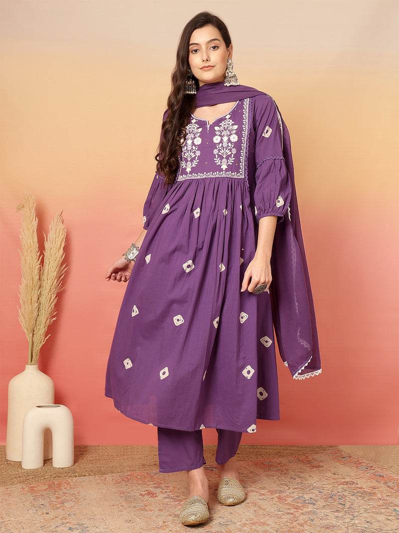 Women Cotton Purple Embroidery Anarkali Kurta with Trouser & Dupatta