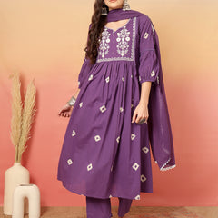 Women Cotton Purple Embroidery Anarkali Kurta with Trouser & Dupatta