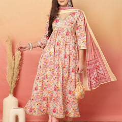 ANAISA Women Cotton Pink Color Printed Lace Work V-neck Anarkali Kurta with Pant & Dupatta