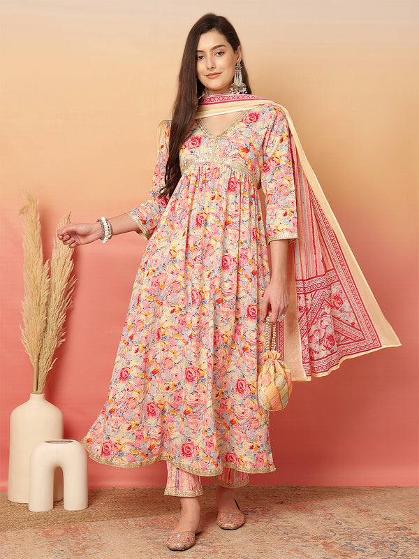 ANAISA Women Cotton Pink Color Printed Lace Work V-neck Anarkali Kurta with Pant & Dupatta
