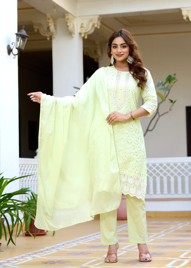 ANAISA Women cotton Schiffli embroidered Kurta with Trouser & Dupatta