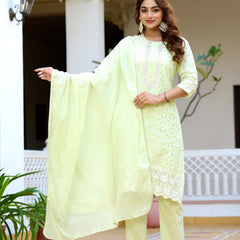 ANAISA Women cotton Schiffli embroidered Kurta with Trouser & Dupatta