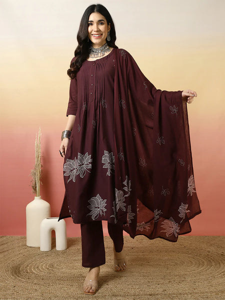 Women Cotton Discharge Printed A-line Kurta with Trouser & Dupatta