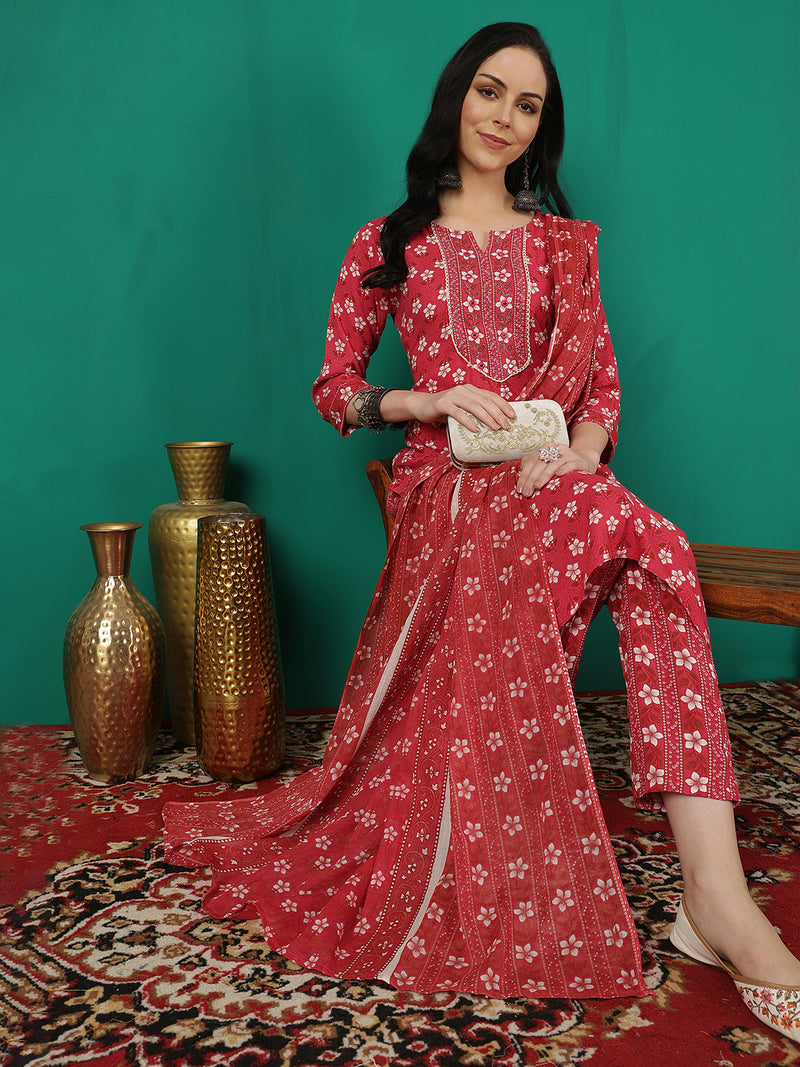 ANAISA Women Viscose Rayon Round Neck, Calf Length, Printed Kurta with Trouser & Dupatta