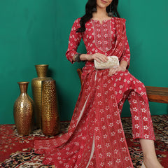 ANAISA Women Viscose Rayon Round Neck, Calf Length, Printed Kurta with Trouser & Dupatta