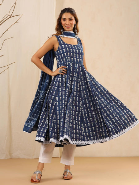 Women Indigo Blue Printed Anarkali Kurta with trousers & Dupatta