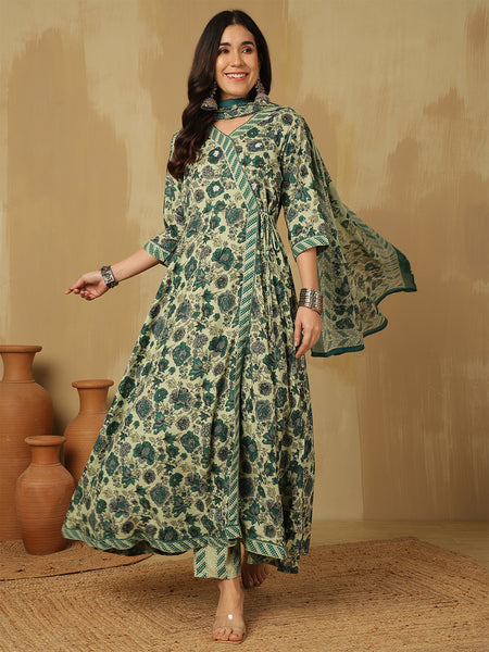 Women Green Printed Anarkali Kurta With Pant & Dupatta