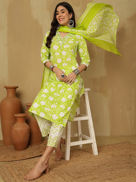 Women Green Cotton Printed Kurta with Trouser & Dupatta