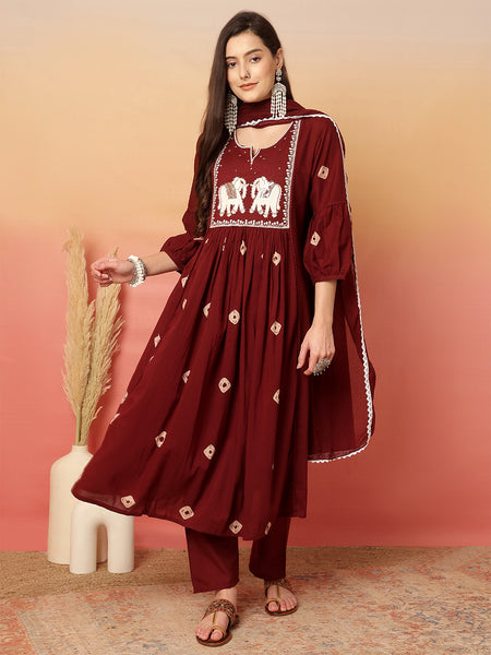 Women Pure Cotton Maroon Abstract Printed A-line Kurta with Palazzo Set