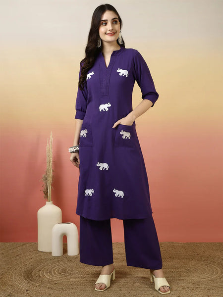 Women Solid Cotton Flex A-line Pocket Kurta with Palazzo Set