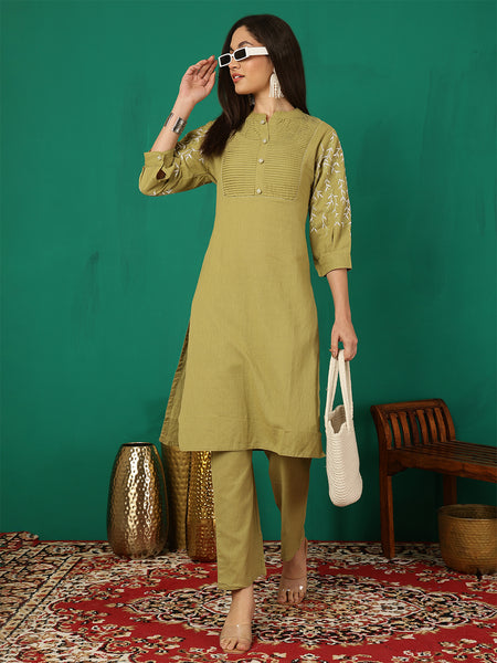 Women Olive Green Solid Embroidery Cotton Flex Kurta with Trouser