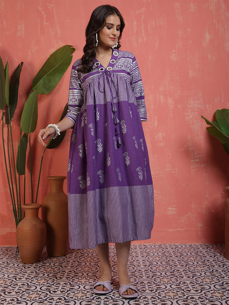 Women Purple Silver Printed, Mirror work, V-neck, Calf Length, A-line Dress