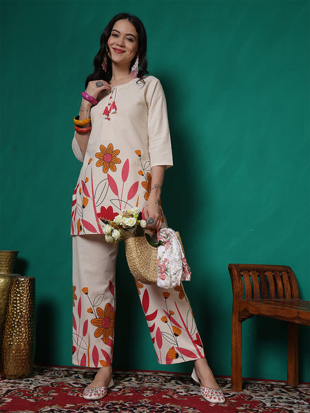 Women Cotton Flex Floral Printed Top with Trouser Co-ord Set