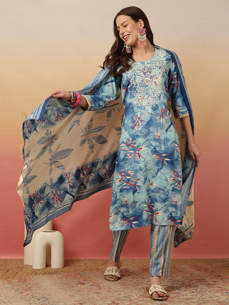 Women Blue Printed Yoke Embroidery Kurta with Trouser & Dupatta