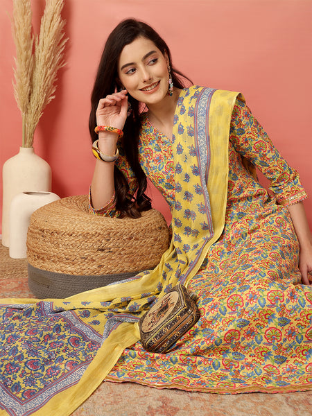 ANAISA Women Mustard Cotton Printed V-neck, Calf Length, 3/4 Sleeves, Anarkali Kurta with Pant & Dupatta