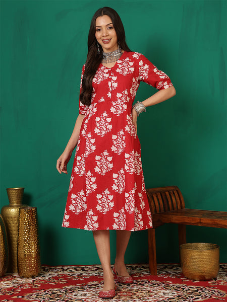 Women Cotton Red Printed Summer Dress