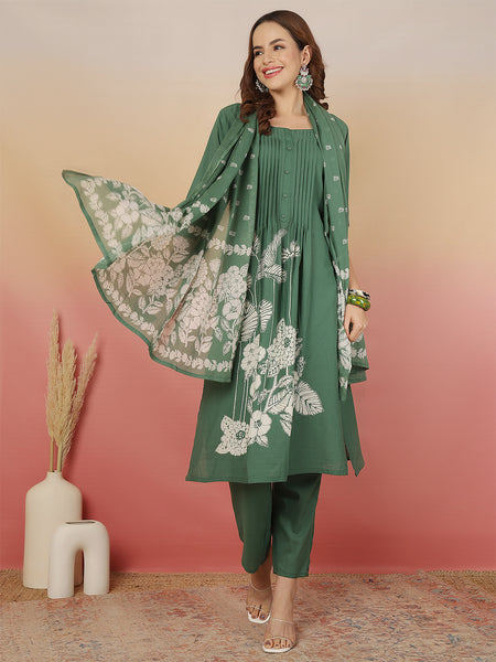 Women Green Cotton Discharge Printed A-line Kurta With Dupatta