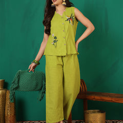 Women Cotton Lime Green Embroidery Top with Trouser Co-ord Set