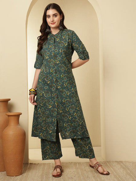 Women Green Cotton Flora Printed A-line Kurta with Trouser