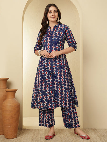 Blue Cotton Checks Printed A-line Kurta with Trouser