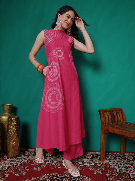 Women Pink Pure Cotton Embroidery Kurta with attached sleeves and Palazzo Set
