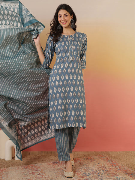 Women Grey Viscose Rayon Discharge Printed Kurta With Trouser & Dupatta