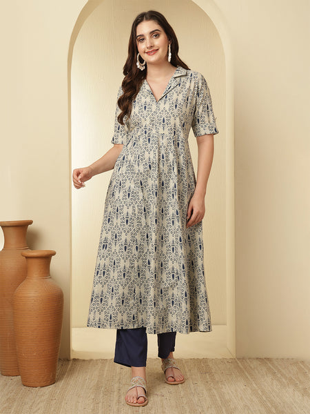 Blue & White Floral Printed Anarkali Kurta with Trouser