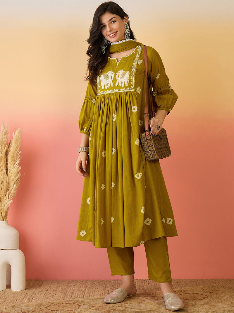 Women Mustard Pure Cotton Embroidery Yoke Anarkali Kurta with Trouser & Dupatta