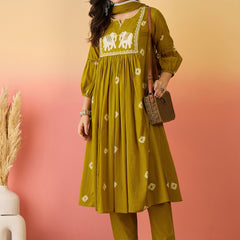 Women Mustard Pure Cotton Embroidery Yoke Anarkali Kurta with Trouser & Dupatta