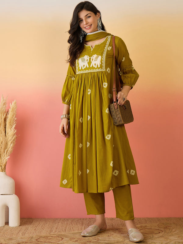 Women Mustard Pure Cotton Embroidery Yoke Anarkali Kurta with Trouser & Dupatta