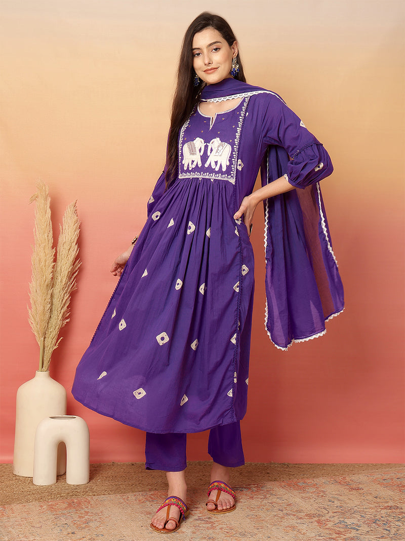 Women Cotton Purple Embroidery Anarkali Kurta with Trouser & Dupatta