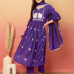 Women Cotton Purple Embroidery Anarkali Kurta with Trouser & Dupatta