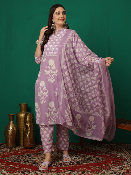Women Cotton Printed Hand Work Yoke Kurta with Trouser & Dupatta
