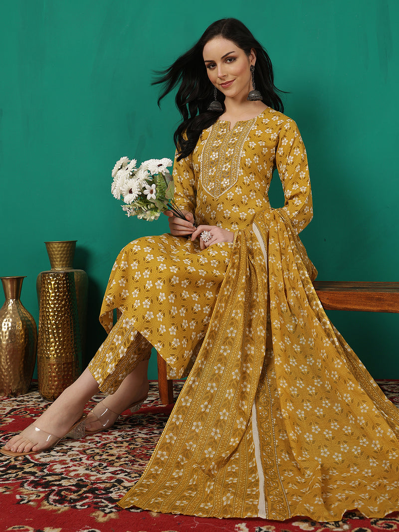 ANAISA Women Viscose Rayon Round Neck, Calf Length, Printed Kurta with Trouser & Dupatta