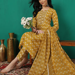 ANAISA Women Viscose Rayon Round Neck, Calf Length, Printed Kurta with Trouser & Dupatta