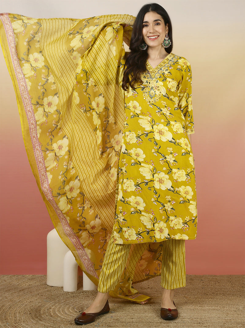Women Yellow Floral Printed Yoke Embroidery V-neck Kurta with Trouser & Dupatta