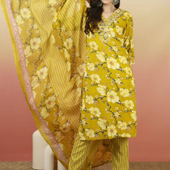 Women Yellow Floral Printed Yoke Embroidery V-neck Kurta with Trouser & Dupatta