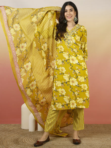 Women Yellow Floral Printed Yoke Embroidery V-neck Kurta with Trouser & Dupatta