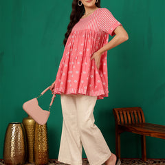 ANAISA Women Cotton Pink Printed, Round Neck, Short Sleeves, Regular Length Fit & Flare Top