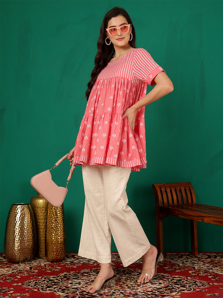 ANAISA Women Cotton Pink Printed, Round Neck, Short Sleeves, Regular Length Fit & Flare Top